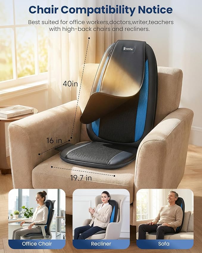 COMFIER Shiatsu Back Massager with Heat,Deep Tissue Kneading Massage Seat Cushion,Massage Chair Pad for Full Back,Body Massager for Home or Office Chair use,