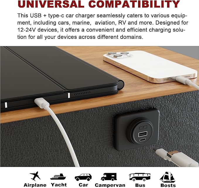 12V/24V USB C Outlet Power Socket Car Charger USB Port for Car, Bus, RV, Boat, Vehicle Boat ATV Truck Golf Cart