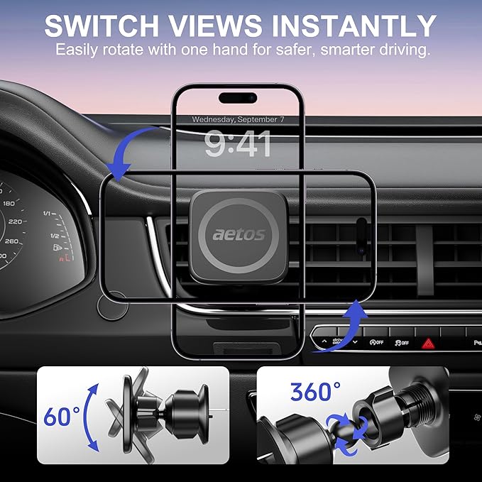 aetos for MagSafe Car Mount. Elegant Magnetic Air Vent Phone Holder with 20 Strong N52 Magnets & Metal Hook. Classic Minimalist Design for iPhone 17 16 15 14 13 12 Pro Max & MagSafe Cases