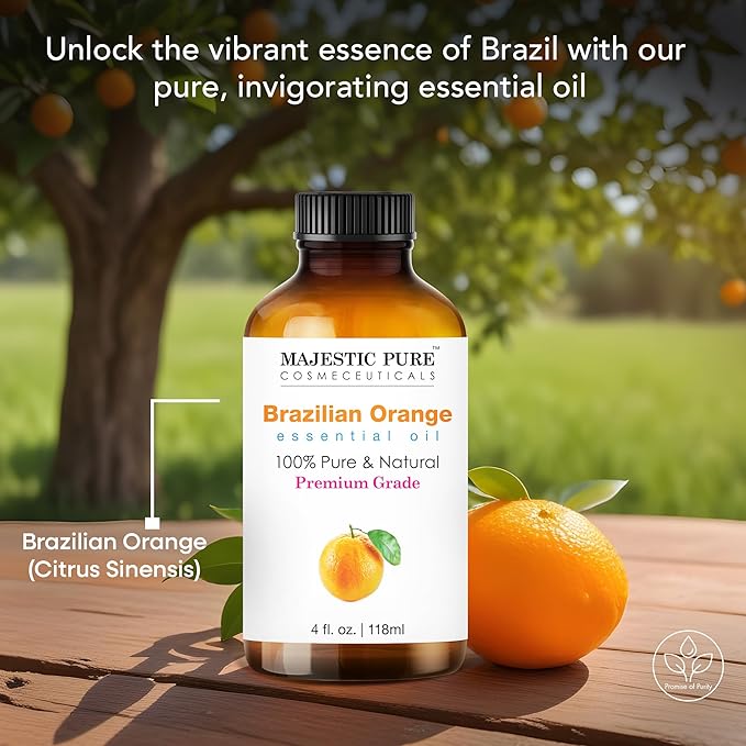 Majestic Pure Essential Oil with Glass Dropper - 100% Pure and Natural - Essential Oils for Diffuser, Aromatherapy, Soap and Candle Making, Brazillian Orange Essential Oil, Orange Oil, 4 Fl Oz