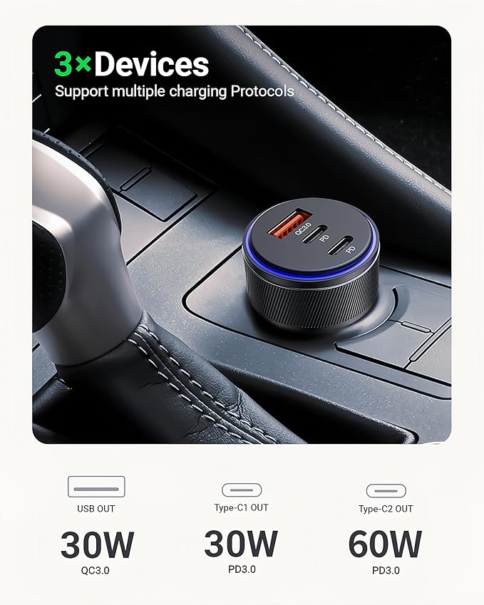 USB C Car Charger,90W 3-Port Dual USB-C & USB-A Car Power Adapter,Includes a Fast Charging Cable for iPhone 16/15/14/13/12/11/Pro Max, iPad, Samsung Galaxy, Google Pixel and Android Devices