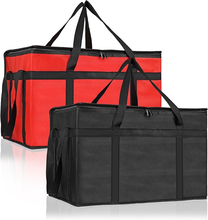 PEASUG 2 Pcs Insulated Bags for Food Delivery, XXXL Pizza Delivery Bags, Large Capacity Cooler Bag Keep Food Warm for Grocery Shopping and Catering, Foldable, Heavy-Duty (Red+ Black)
