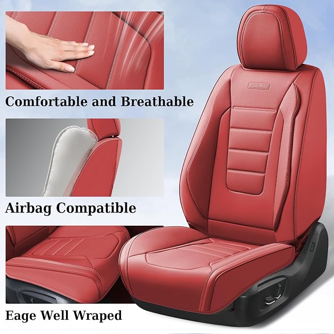 Coverado Car Seat Covers Full Set, Nappa Leather Seat Covers for Cars, Car Seat Protector Car Seat Cushion, Front and Back Seat Protectors Cushions Universal Fit for Most Cars Vehicles(Red)