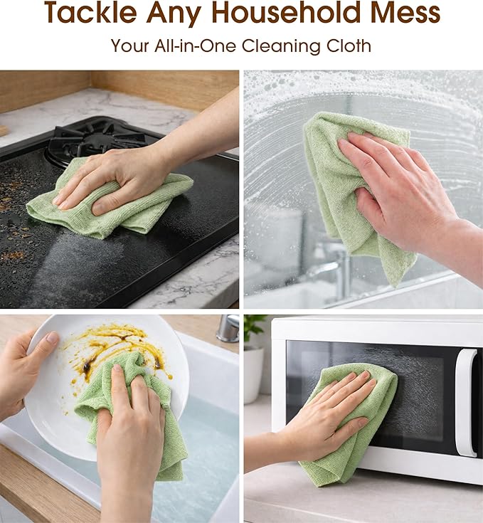 KitchLife Microfiber Cleaning Cloth Roll, 100 Pack - Tear-Away Microfiber Paper Towels, Lint-Free, Reusable, Washable for Kitchen, Car, Dishes, and Sensitive Surfaces (Bean Green)