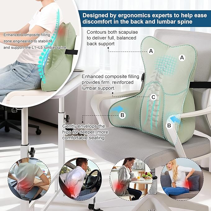 Lumbar Support Pillow (Pat. Pend) for Couch & Recliner, Ergonomic Chair Back Support for Lower Back Pain Relief, Back Support for Couch, with Adjustable Strap to Stay in Place, Celadon Green