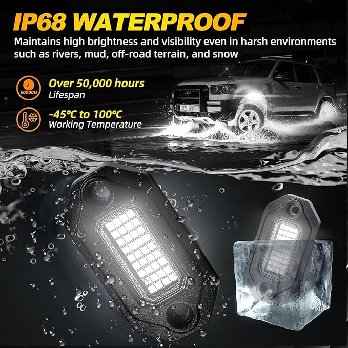 4Pods Metal Bright Pure White LED Rock Lights Kit,Per pod provided 15FT Power Cord,6500K 36LEDs Neon Underglow Light Aluminum Waterproof Fender Lights for Trucks Trailer Jeep Off Road ATV UTV