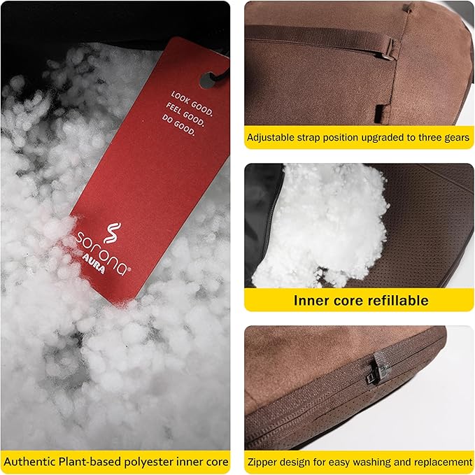Genuine Leather Car Neck Pillow for headrest,Support Drive Seats Head Cushion,Real Cow Leather,11.8x7.5”,Plant-Based Polyester,Thickness & Height Adjustable,Inner Liner fillable(Grey,1p)