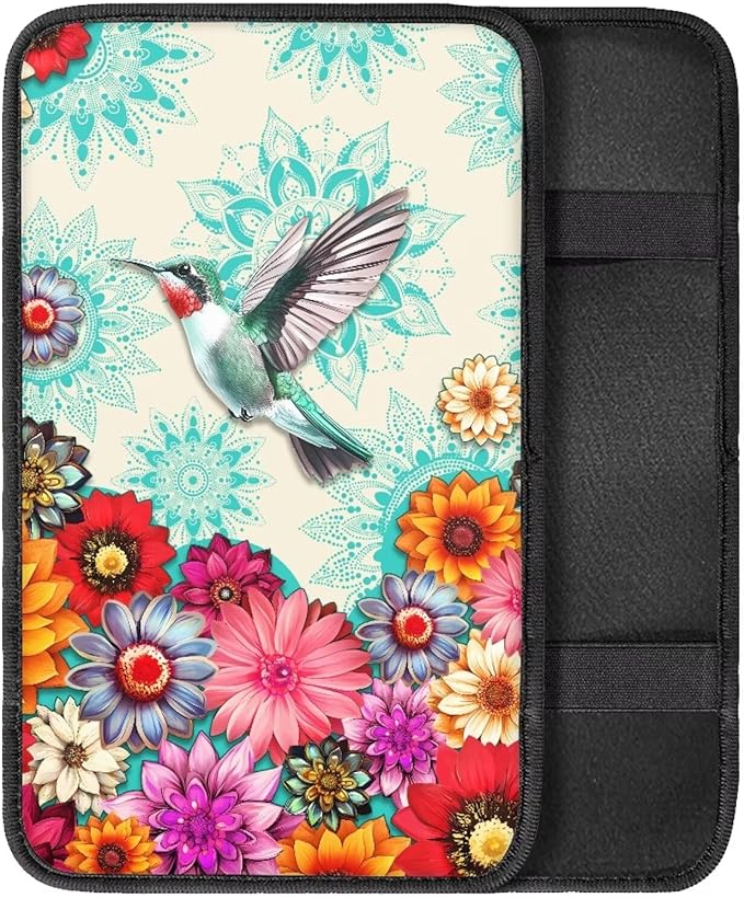 Boho Flower Hummingbird Vehicle Armrest Covers Armrest Seat Box Cover Protector Middle Storage Organizer Pad Aesthetic Interior Decor