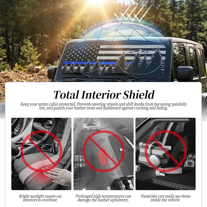 63"x28.5" Car Windshield Sun Shade with Storage Pouch, Stylish Printed Front Window Sunshade with Double Ring Frame, Universal Fit Foldable Heat Blocker & UV Protector for SUV, Sedan (Blue Line Flag)