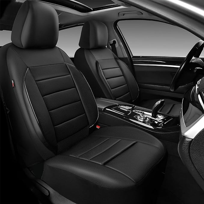 CAR PASS Leather Seat Covers Full Set Universal Water Resistant 3D Foam Back Support, Luxury Comfort Automotive 5 Seat Covers All Season Fit for SUV,Sedan,Van, Airbag Compatible Elegance(Pure Black)