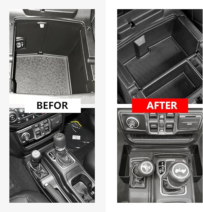 4PCS Center Console Organizer Storage Box for 2024 2025 Jeep Wrangler JL JLU 4XE and Gladiator JT, Gear Shift Console Tray Organizer, Hanging Armrest Storage Box, Co-Pilot Organizer