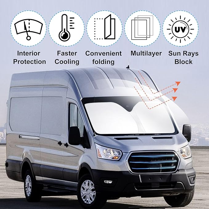 Windshield Sun Shade Custom Fit for 2022 2023 2024 2025 2026 Ford E-Transit Accessories Foldable Sunshade Sun Blocker Protect Car from Sun Rays & Heat Damage Keep Car Cooler