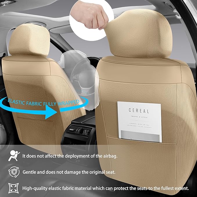 Full Coverage Faux Leather Car Seat Covers Full Set,Automotive Seat Covers for Cars,SUVs Pick-up Truck, Car Seat Cushion, Beige Seat Covers for 5 Seats,Car Seat Protector