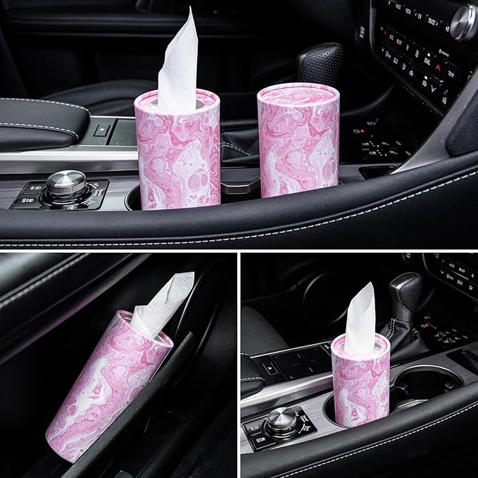 SINGARO Car Tissue Holder, 4 Pack Car Cup Holder Facial Tissues with Travel Tissue Bag, Quick and Convenient Flower Combination Car Tissue Box(4 Canisters/200 Tissues) Pink