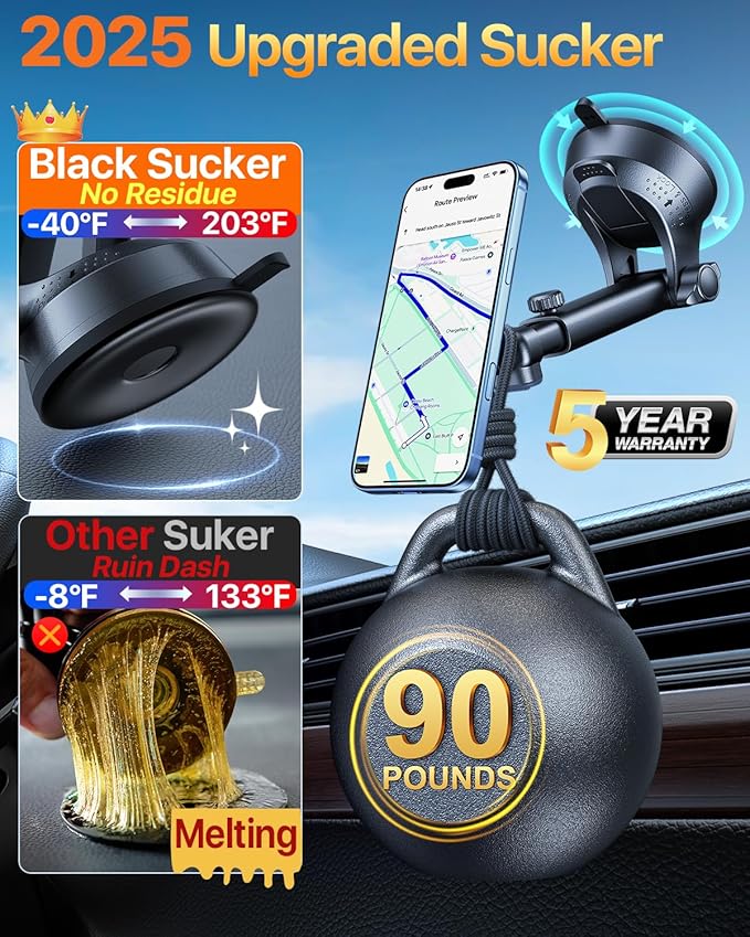 [2026 Military-Grade] YRU for Magsafe Car Mount 90+LBS Strong Suction 360° Adjustable Magnetic Phone Holder for Car Dashboard Windshield Vent, Cradle for iPhone 17 16 15 14 13 12 Samsung, Light Yellow