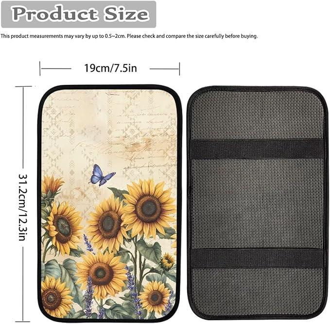 Dreaweet Car Center Console Cover Sunflower Car Accessories for Women Interior Universal Arm Rest Cover for Truck SUV Vehicle Armrest Cover Center Console Cushion Pad
