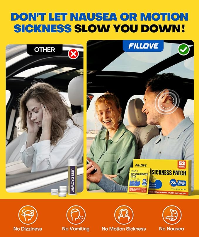 FILLOVE 52ct Motion Sickness Patches Non-Drowsy, 72H Lasting Sea Sickness Patches Cruise Essentials 2026, 100% Natural Motion Sickness Patch Travel Essentials for Car Airplane Ship Altitude Sickness