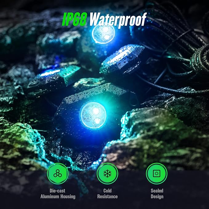 4 Pods RGB LED Rock Lights Kit, Underglow Multicolor Neon Light Pod with Bluetooth App Control, IP68 Waterproof High Brightness Dynamic Music Mode Wheel Well Light for Truck ATV UTV RZR SUV Golf Cart