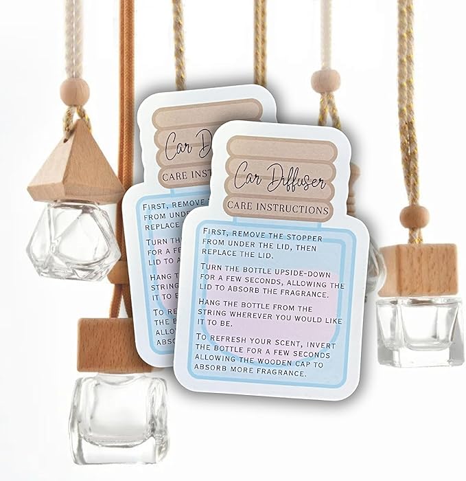 Car Oil Hanging Diffuser Instruction Care Card | 50 Pk 2x3” inches Wooden Bottle Die Cut Shape of Reed Diffuser Oil Bullet Warning Labels Scent for Clients Care Business Cards DIY