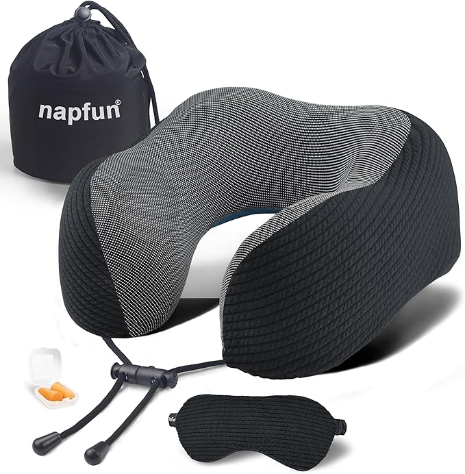 napfun Neck Pillow for Traveling, Upgraded Travel Neck Pillow for Airplane 100% Pure Memory Foam Travel Pillow for Flight Headrest Sleep, Portable Plane Accessories, Black Striped Kit