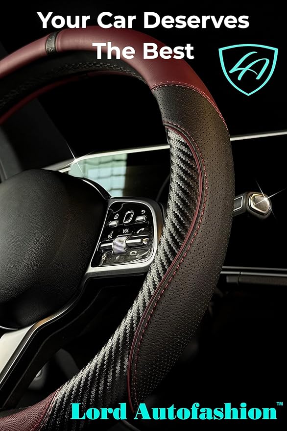 Lord Autofashion Steering Wheel Cover – PU Leather, Non-Slip Rubber Inner, All-Season Comfort – 14.5–15 Inch (Black/Maroon 7685)