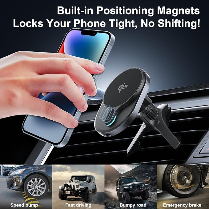 HURMAI for Qi2 15W MagSafe Car Mount Charger,Dash & Vent Wireless Cars Mount Charger Phone Holder Mounts for iPhone Air/17/16/15/14/13/12, Galaxy S25, Fast Charging for Magnetic iPhone Car Accessories