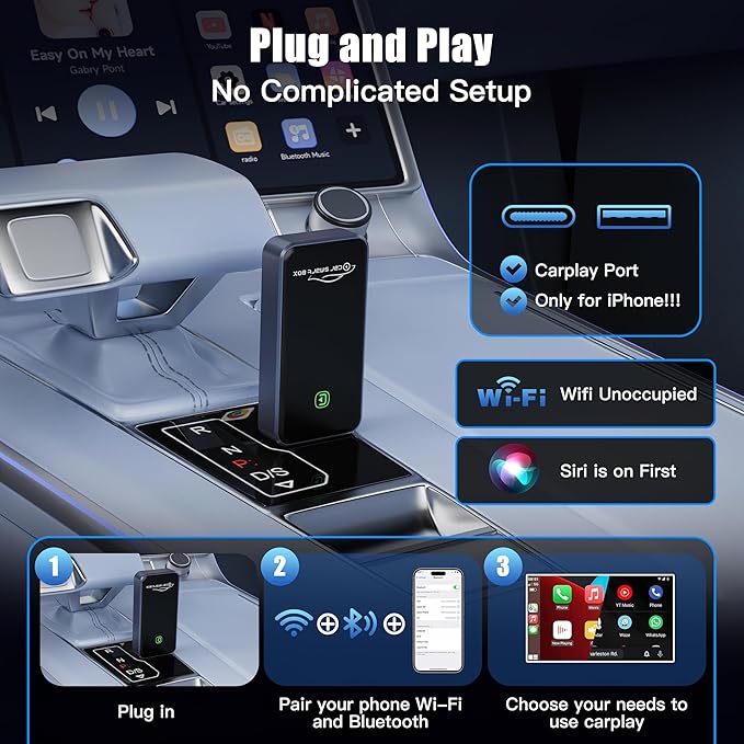 Wireless CarPlay Adapter for Apple iPhone - Convert Factory Wired to Wireless CarPlay Dongle, Plug & Play for iOS 10+ & Wired CarPlay Cars 2016+, USB & Type-C Port