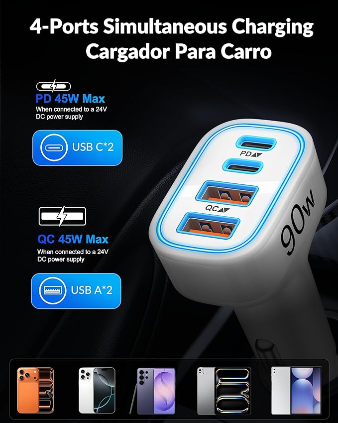 iPhone 17e 17 16 15 Pro Max Car Charger Fast Charging, 90W 4-Port USB C Car Charger 12-24V Cigarette Lighter Adapter with 3FT USB C Cable for iPhone 17/17 Pro Max/17e/16/16 Pro Max/15 Pro/Plus, iPad