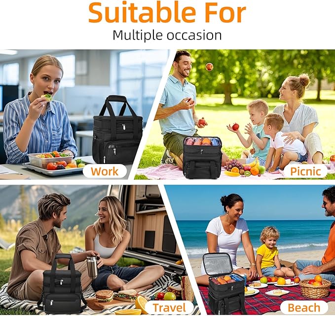 Insulated Lunch Box for Men & Women - Double Layer Leakproof Lunch Bag with Adjustable Shoulder Strap, Expandable Food Cooler for Work, Office, Travel, Camping (Black)