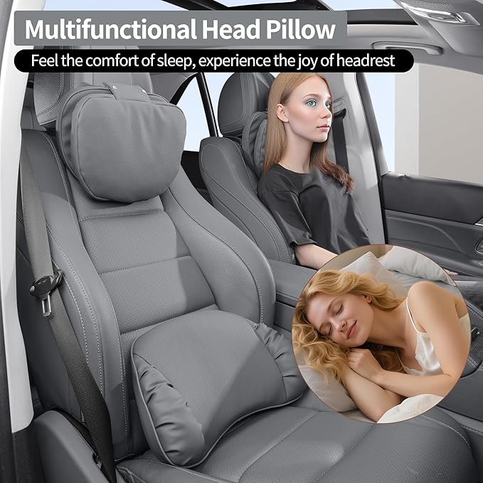 Car Headrest Pillow for Driving, Dual-Sided Leather Design Neck Pillow, Breathable Softness Neck Support, Universal Fit Head Rest Travel Pillow, Gray, 1 Pack