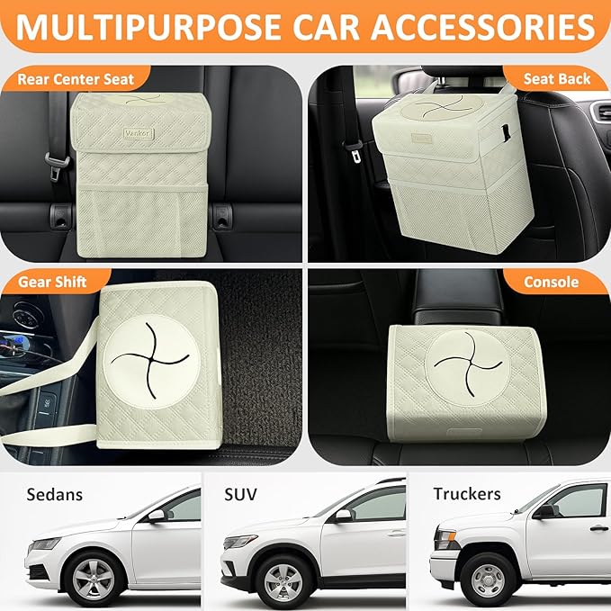 Vankor White Car Trash Can Cute, White Car Accessories for Women Waterproof Automotive Garbage Cans Leak Proof Vehicle Trash Can Diamond Pattern-Beige
