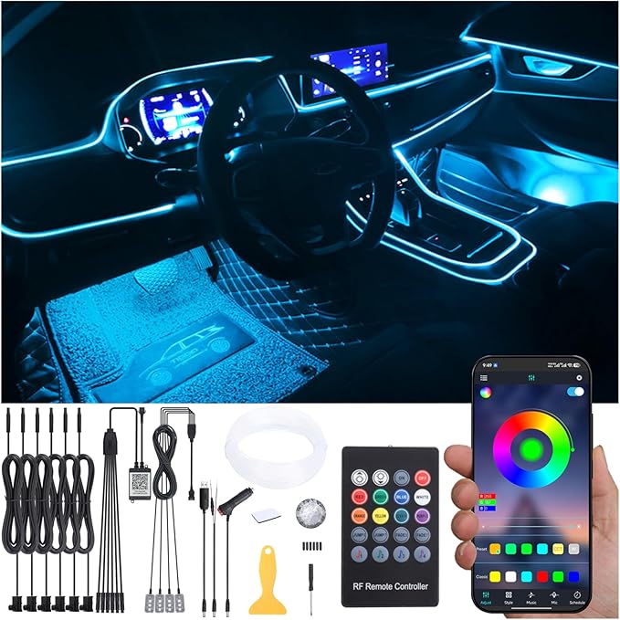 Car Atmosphere Light Kit 8m Fiber Optic Multicolor Sound Active Music Sync Memory Function RF Remote Controller + Bluetooth APP Control 64 Colors USB Car Interior Footwell Ambient Lighting Kit