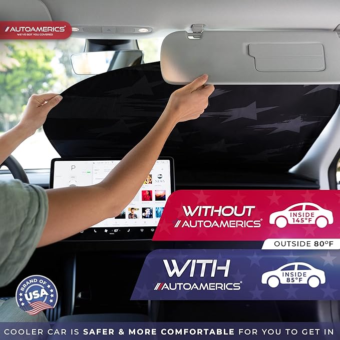 Autoamerics 2-Piece Windshield Sun Shade - B&W USA Flag Foldable Car Front Window Sunshade for Most Cars SUV Truck Heat Blocker Visor Protector Blocks Max UV Rays and Keeps Your Vehicle Cool - Medium