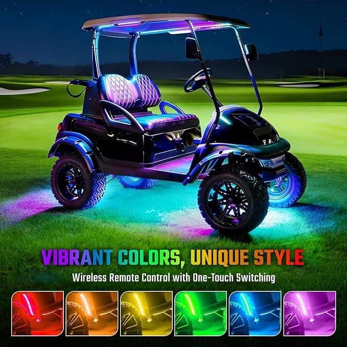 6PCS Golf Cart Underglow LED Light Kit, 28 Modes Full-Body Neon Glow, 12-85V, Music Sync, Wireless Remote, Waterproof Strips, Fits EZGO, Club Car, Yamaha Golf Carts, 6 Pack