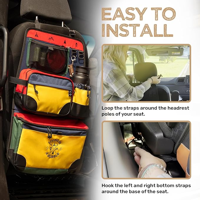 Living in a Bubble Seat back Organizer – Magnetic Toiletry and Cooler Pouch, Cordura Car Backseat Storage with Device Holder & Hooks, Multi-Compartment Utility Bag for Campervans & Family Travel