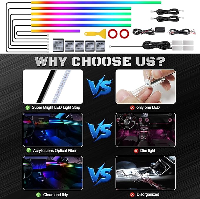 Dreamcolor Acrylic Interior Car LED Strip Light with Wireless APP, Dual Zone RGB 10 in 1 with 175 inches 593 Neon Car Ambient Lighting Kits, Music Sync LEDs Fiber Optic Strip Neon Lights for Car