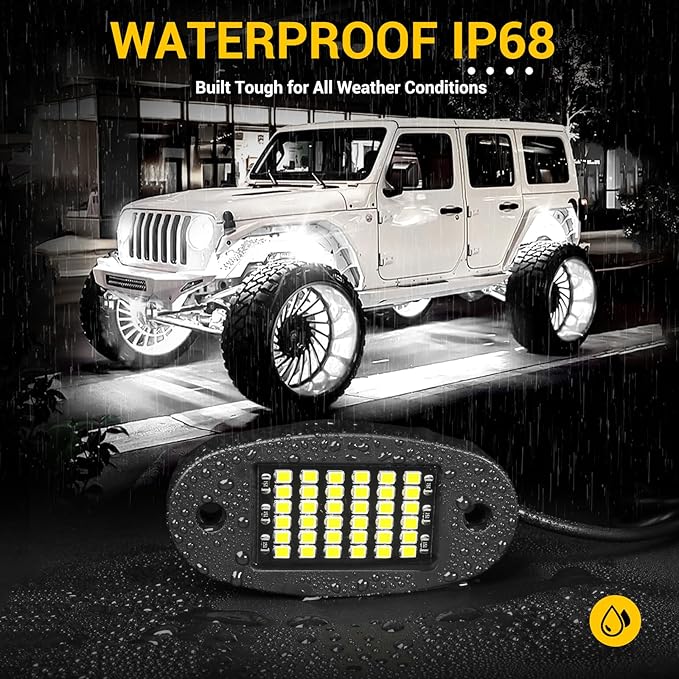Hovano 16 Pods White Rock Light Kit with Wired Switch - 6500K Pure White LED Underglow, IP68 Waterproof, Super Bright 36 LEDs for Trailer Off Road SUV UTV ATV RZR Car