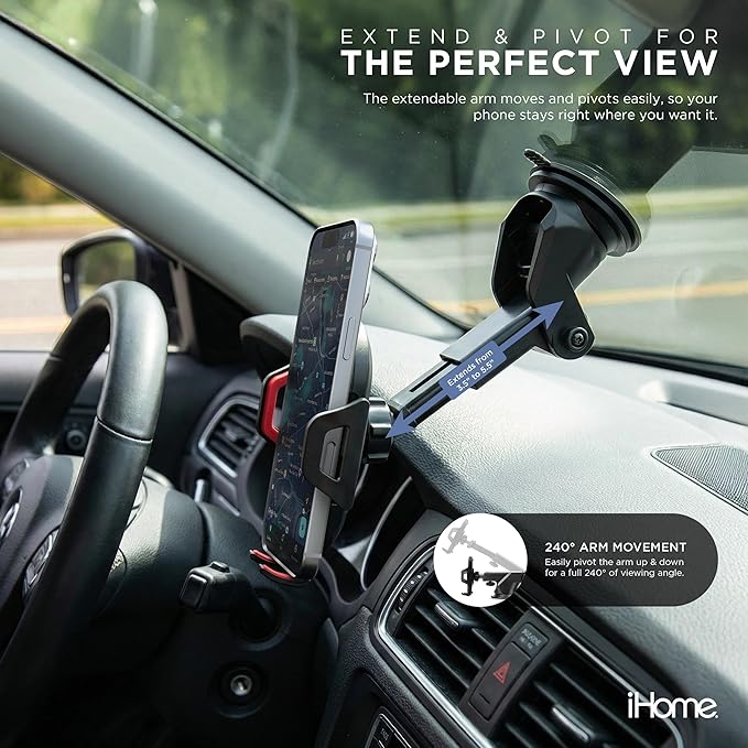iHome Car Mount, Dashboard/Windshield/Vent Mount, Swivel Neck, Silicone Grip, Adjustable Mount Arm with Suction Cup Base (Adjustable Arm Car Mount)
