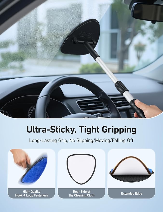 AstroAI Windshield Cleaner Tool, Car Window Cleaner with 4 Upgraded Microfiber Pads, 1 Spray Bottle, 180° Rotatable and Extendable Handle, Effortless Installation