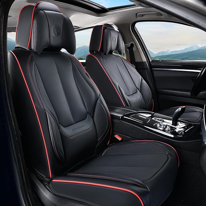 Coverado Universal Seat Covers Full Set, Universal Seat Covers for Cars, Waterproof Nappa Leather Car Seat Covers with Head Pillow, 5 Seats Auto Protectors Fit for Most Pick-up Truck, Black&Redline