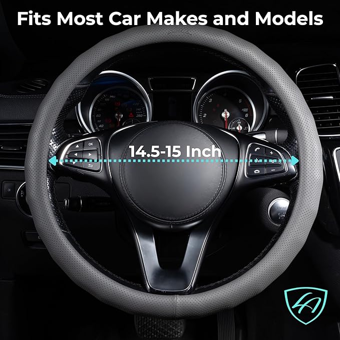 Lord Autofashion Steering Wheel Cover – PU Leather, Non-Slip Rubber Inner, All-Season Comfort – 14.5–15 Inch (Grey 8571)