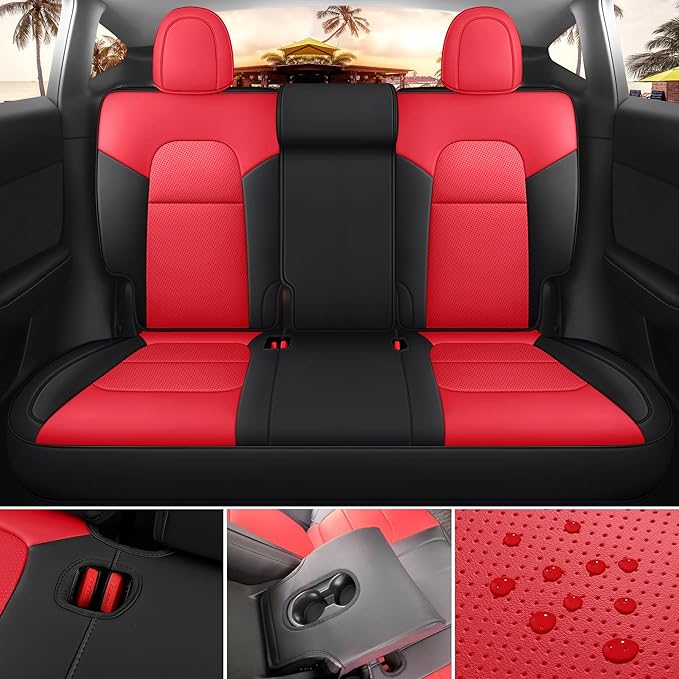 Tesla Model Y Seat Cover 2020-2024 Waterproof Nappa Leather Seat Cover Fully Wrapped (TY-Red+Black)