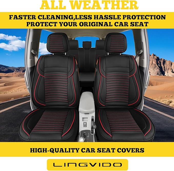 LINGVIDO Front Car Seat Covers, Faux Nappa Leather, Airbag Compatible and Waterproof Protectors for Sedans SUVs, Breathable Anti-Slip Interior for Commuters and Rideshare, Black/Red