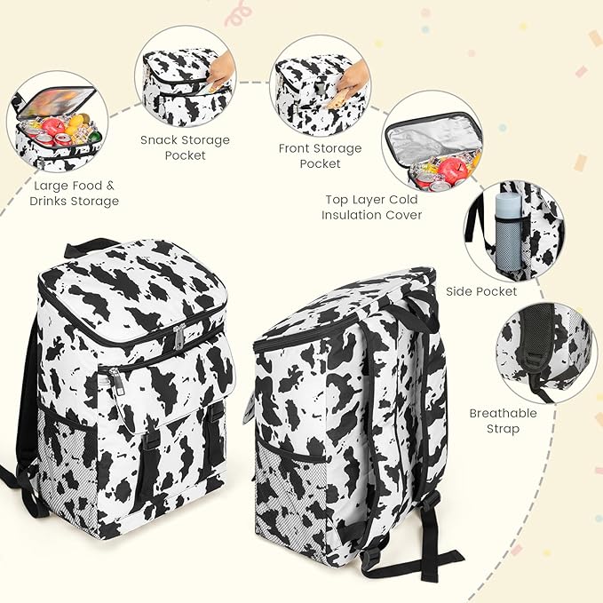 Cooler Backpack Soft Insulated Leak Proof 30 Cans Insulated Backpack Cooler Portable Picnic Camping Beach Hiking BBQ Lunch Backpack for Men and Women -Cow Color