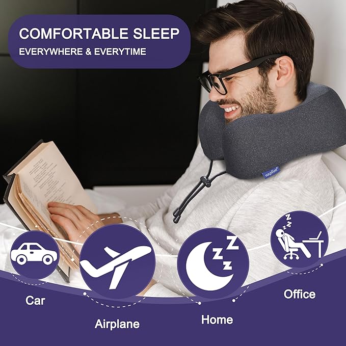 napfun Neck Pillow for Traveling, Upgraded Travel Neck Pillow for Airplane 100% Pure Memory Foam Travel Pillow for Flight Headrest Sleep, Portable Plane Accessories, Full Black
