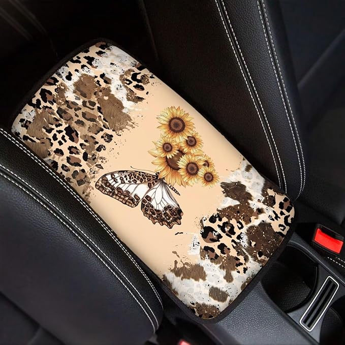 Suobstales Butterfly Sunflower Leopard Cow Print Car Armrest Pad Soft Center Console Arm Rest Protector Cover Universal Car Interior Accessories Decoration