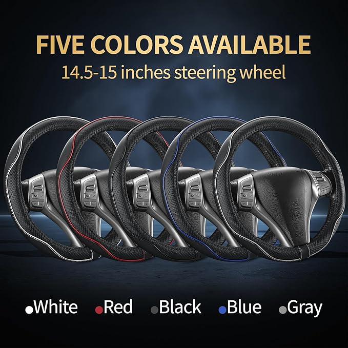 Leather Car Steering Wheel Cover,Anti-Slip, Safety,Soft, Breathable, Heavy Duty,Thick,Full Surround, Sports Style,Universal Car Accessories for Women Men Fit 14" 1/2-15"(Black with Gray line)