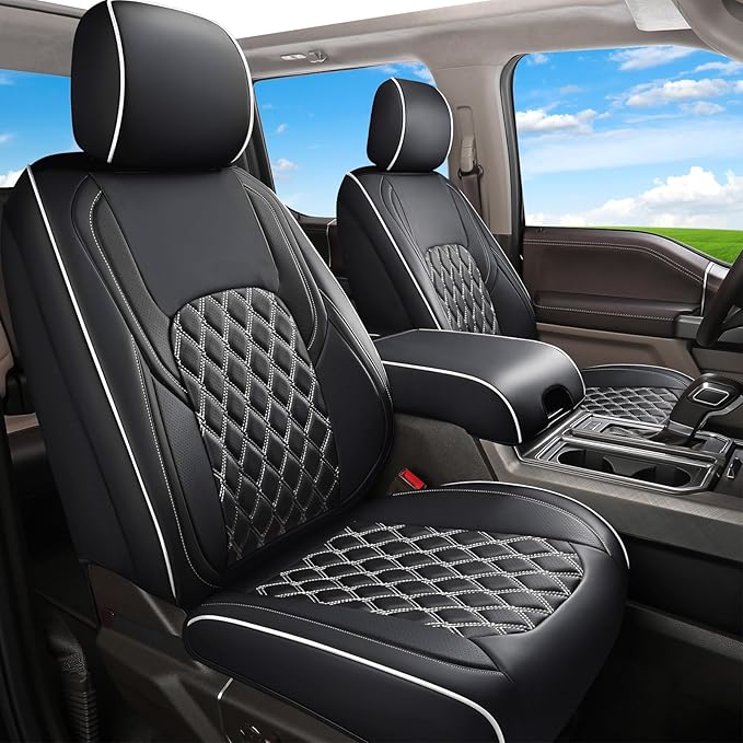 Huidasource Tacoma Front Car Seat Covers, Leather Seat Cushion Cover Fit for 3rd Gen Toyota Tacoma 2016-2023 Double&Crew Cab SR,SR5, Limited,TRD Pro, TRD Sport, TRD Off-Road(Front Pair/Black&White)