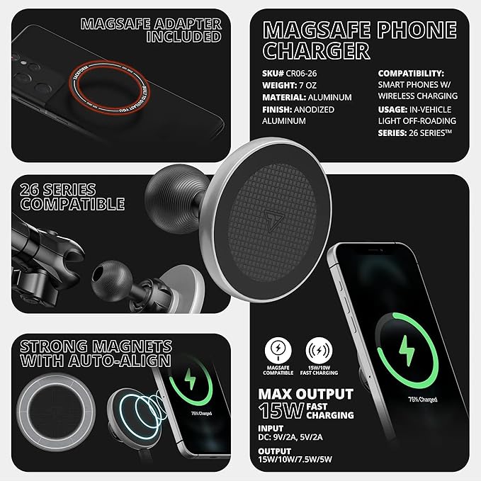 Tackform 26 Series High Strength Magnetic Wireless Charging Phone Holder - Compatible with MagSafe, RAM Mounts, and 1" / B Size Ball Systems