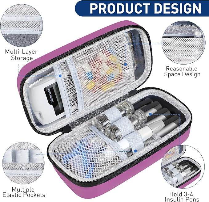 Insulin Cooler Travel Case, Portable Temperature Display Medicine Travel Cooler, Diabetes Case with 2 Reusable Ice Packs TSA Approved for Diabetic Supplies Patent Pending(Purple)